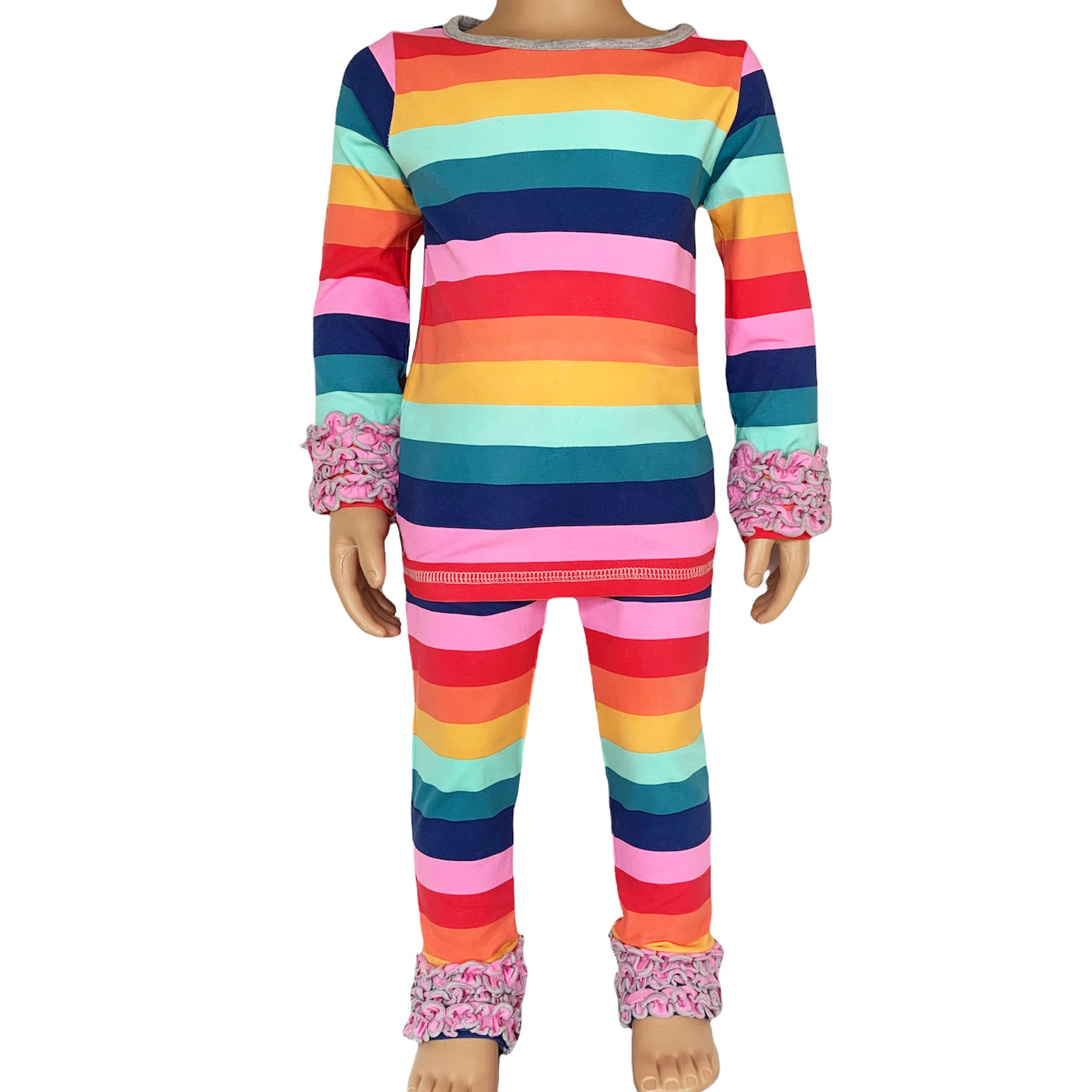 AnnLoren Rainbow Ruffle Butt Leggings for girls, featuring ruffles on the butt and ankles, made from soft Egyptian cotton.